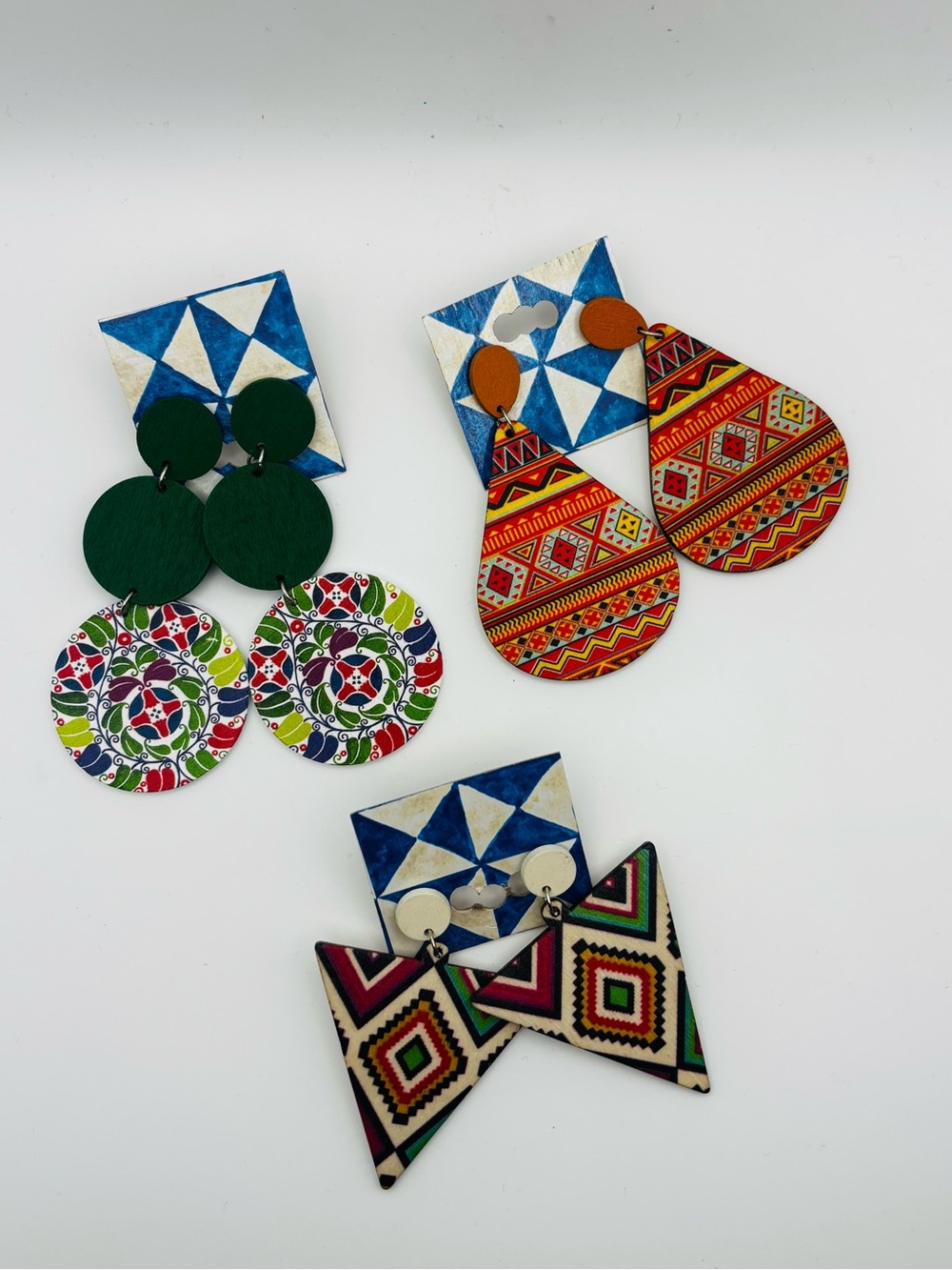 Wooden Statement Earrings Trio Lot • Ethnic Geometric Lightweight Dangles
